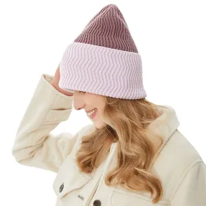 Caldo berretto in maglia invernale con design a coste bicolore per esterni freddi