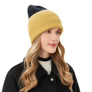 Winter warm color block knitted beanie hat for women and men, cozy woolen ski cap.