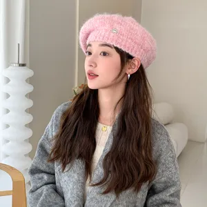 Boina de punto rosa para mujer, bonito gorro de invierno de lana cálida, elegante boina.