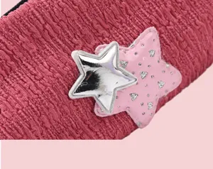 Close-up detail of women beret hat, bubble yarn fabric texture, cute layered star patches.