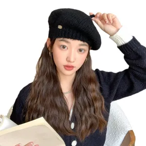 Boina de punto estilo coreano para mujer, sombrero de pintor octogonal cálido de invierno