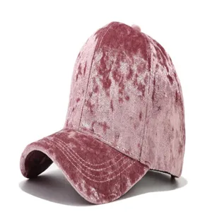 Pink crushed velvet baseball cap with curved brim, stylish autumn winter fashion casual hat.