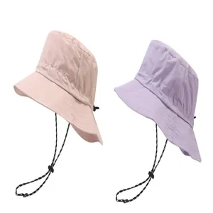 Quick-drying bucket hat detail view, lightweight sun protection summer hat with adjustable strap.
