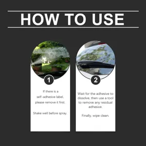 Car glue remover usage instruction detail graphic showing step by step application guide.