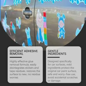 Car sticker adhesive remover detail graphic showing gentle formula and paint surface care.
