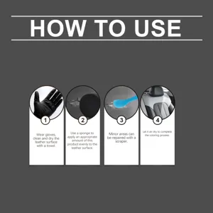 Leather repair coloring paste user guide instructional graphic showing step by step application methods.