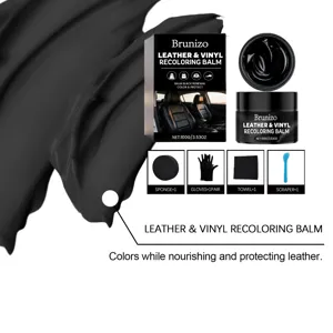 Brunizo leather recoloring balm kit detail view showing black balm jar, box, and included tools.