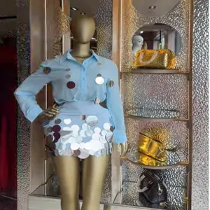 Women long sleeve shirt and sequin skirt two piece set fashion resort stylish outfit blue