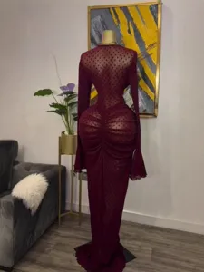 Womens long sleeve mesh sheer flocked ruched maxi dress elegant burgundy party long gown