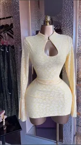 Women long sleeve cutout jacquard mini dress sexy floral lace slim fit short party dress