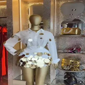Chic white long sleeve shirt and gold sequin skirt two piece set for women fashion party