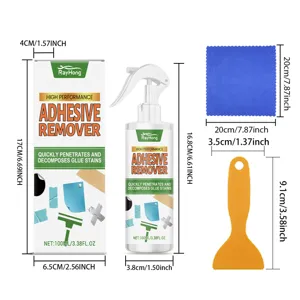 RAYHONG adhesive remover set with spray bottle, cleaning cloth, and scraper for easy cleaning.