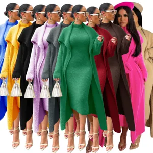 Women's fuzzy knit midi dress and long cardigan two-piece set, cozy autumn winter outfit.
