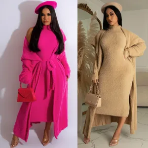 Cozy two-piece fuzzy knit dress and long cardigan set with matching beret for autumn and winter.