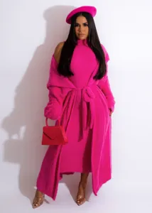 Detailed view of the hot pink fuzzy cardigan and dress set, showing the soft plush texture.
