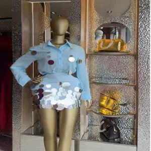 Women long sleeve sequin shirt and skirt 2 piece set light blue fashion resort outfit main view