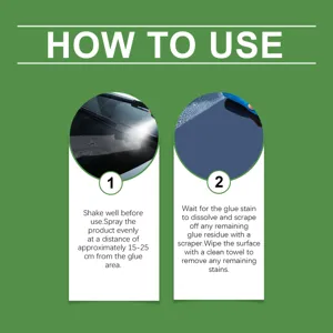 Step-by-step instruction guide for car glue remover spray, easy and effective cleaning tool.