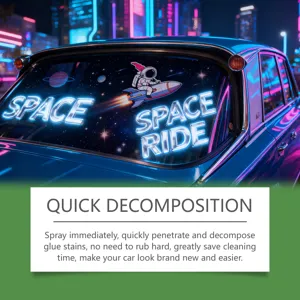 Detail view of car adhesive remover spray showing quick glue stain decomposition performance.