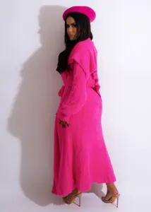 Cozy fuzzy pink long cardigan dress and coat set with stylish beret for winter season.