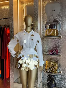 White long sleeve sequin shirt and mini skirt two piece set for women fashion resort wear.