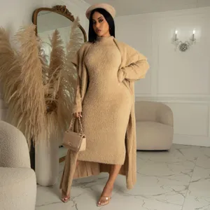 Chic autumn winter fuzzy knit dress and long cardigan two piece set with matching accessories
