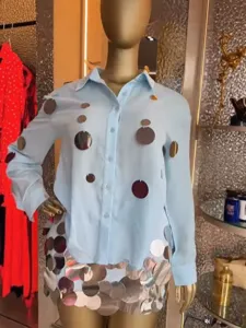 Women long sleeve button down shirt and shiny sequin skirt 2-piece set vacation wear