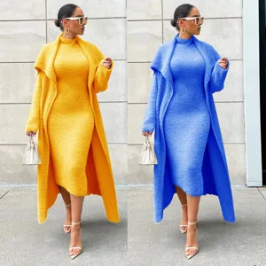 Women's Fashion Elegant Skirt Set Solid Color Long Open Front Cardigan And Midi Dress Top And Bottom 2-Piece Set