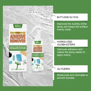 Adhesive remover detail view showing bottle, packaging box, and key skincare ingredients.