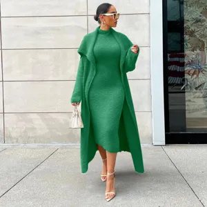 Detailed view of women green fuzzy two-piece set cardigan and dress for autumn winter fashion.