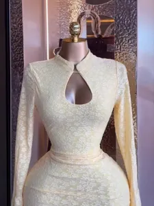 Women long sleeve hollow out jacquard sweet sexy mini dress chic elegant boutique clothing item