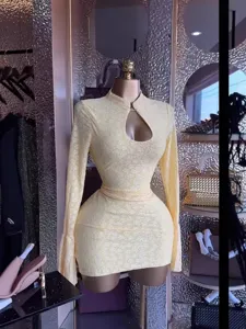 Women's Long Sleeve Cutout Jacquard Short Dress Sexy Sweet Style Mini Dress Trendy