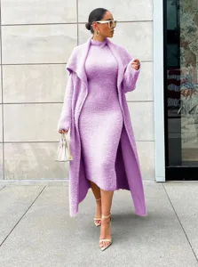 Purple fluffy knit dress and long cardigan set, stylish fuzzy two piece outfit for women.