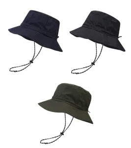 Quick-drying bucket hat detail featuring adjustable chin cord and wide brim design.