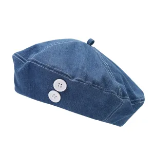 Koreaanse Stijl Denim Baret Hoed Voor Vrouwen Mode Kunstenaar Schilder Cap Met Knoop Ster Kers Borduurwerk Jean Hoed