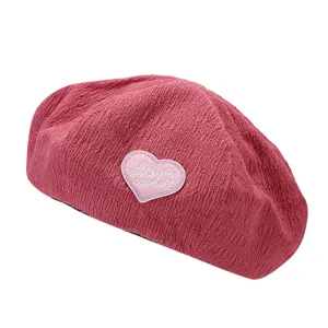 Women sweet seersucker beret hat with embroidered heart patch, fashion cute pink autumn painter cap.