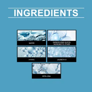 Detailed ingredient list showing chemical components and water droplet molecular graphics.