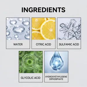Infografica dettagliata che mostra i principali ingredienti detergenti come acqua e acido.