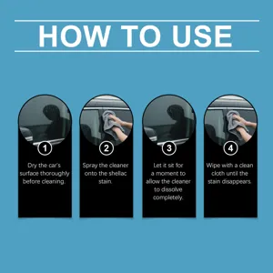 Car insect glue cleaner usage instruction graphic showing step by step cleaning guide.