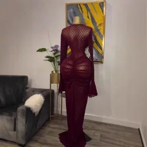 Burgundy mesh long sleeve polka dot flocked ruched maxi dress with slip for women.