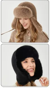Vue détaillée de la chapka tricotée d'hiver pour femmes avec oreillettes en peluche douce.