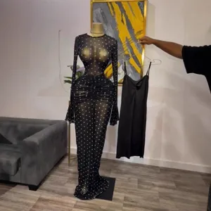 Black sheer polka dot long sleeve mesh maxi dress with matching slip dress for women elegant.