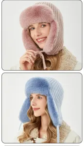 Femme Hiver Chaud Chapeau Bomber Peluche Oreillette Bonnet Tricot Extérieur Coupe-vent