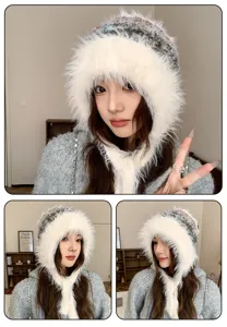 Gorro de invierno esponjoso con orejeras para mujer, hermoso sombrero de felpa suave con lazos.