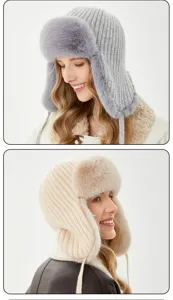 Bonnet ushanka chaud d'hiver pour femme en tricot avec oreiller en peluche pour sport.