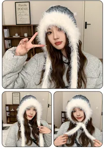Gorro de peluche cálido con orejeras para mujer, gorro gris de piel sintética con cintas.