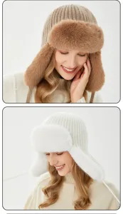 Femme hiver peluche chapeau ushanka tricoté chaud coupe-vent rabat d'oreille casquette épaisse