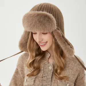 Bonnet trappeur tricoté hiver pour femme fausse fourrure cache-oreilles chaud pour cyclisme.