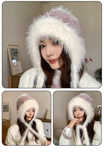 Gorro de invierno peludo de piel sintética con orejeras y lazos, estilo coreano muy cálido.