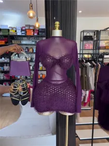 Purple mesh sheer long sleeve furry mini dress sexy cross-border women's apparel outfit