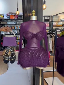 Stunning purple sheer mesh long sleeve fluffy mini dress sexy clubwear party dress for women.